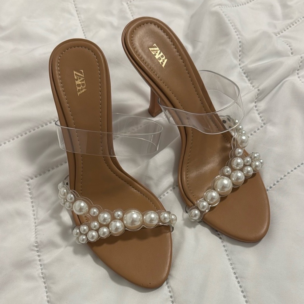 Zara Tan Pearl Embellished Heels